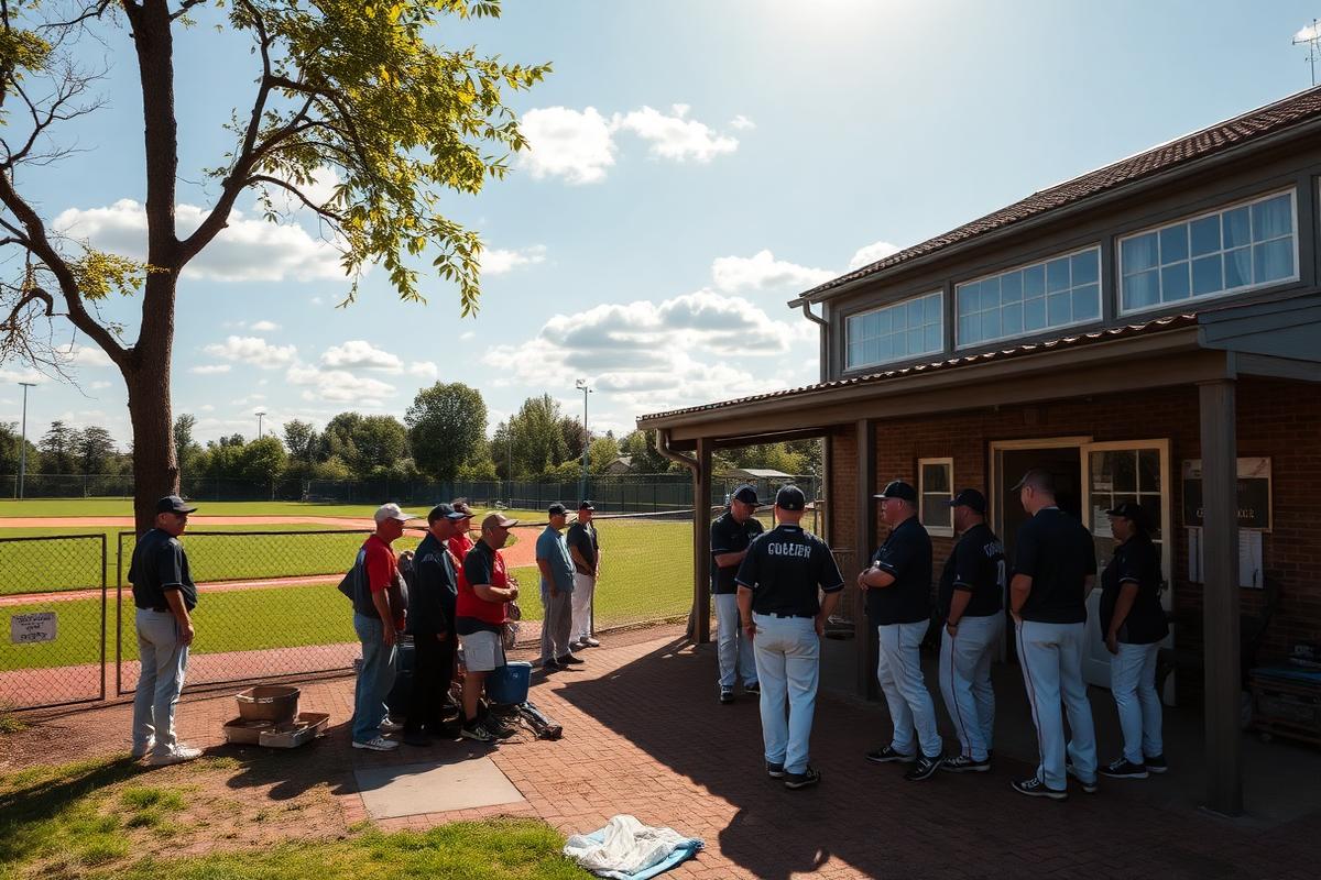 Leden en vrijwilligers van The Braves bij het clubhuis langs het veld